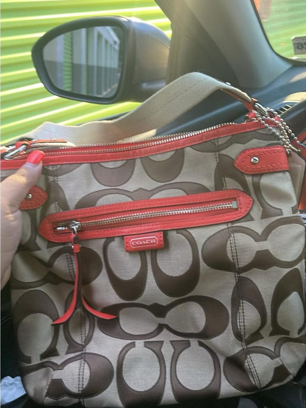 Coach Khaki Signature Canvas Shoulder Bag with Coral Trim